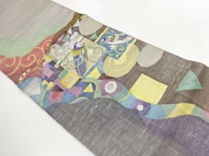 すくい織　幾何学に鳥・花唐草模様織出し夏用袋帯
